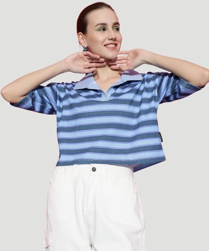 Women's Blue Striped Half Sleeves Loose Fit Top